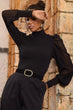 Women Black Chiffon Balloon Sleeve Turtleneck Knitwear Blouse