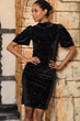 Women Black Balloon Sleeve Sequined Velvet Dress