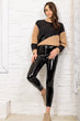 Women Black Front Zipper Detail Japanned Leather Tights Pants