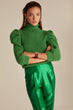 Knitted Puff Sleeve Sweater Jumper With Roll Neck Woman Green