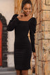 Women Black Square Neck Balloon Sleeve Dress