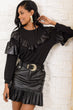 Women Black Leather Detailed Bike Collar Frilled Blouse