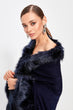 Navy Blue Fur Collar Detailed Poncho Shawl