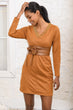 Women V-Neck Filet Lace Detailed Nubuck Dress