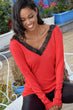 Women Red V Neck Lace Detail Bluz